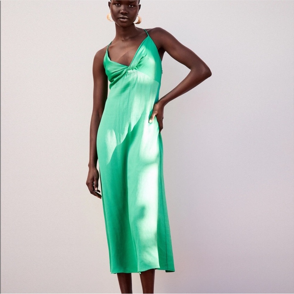 Zara Satin Effect‎ Knotted Cross Back Slip Dress Midi Green Sz M Dainty Slinky